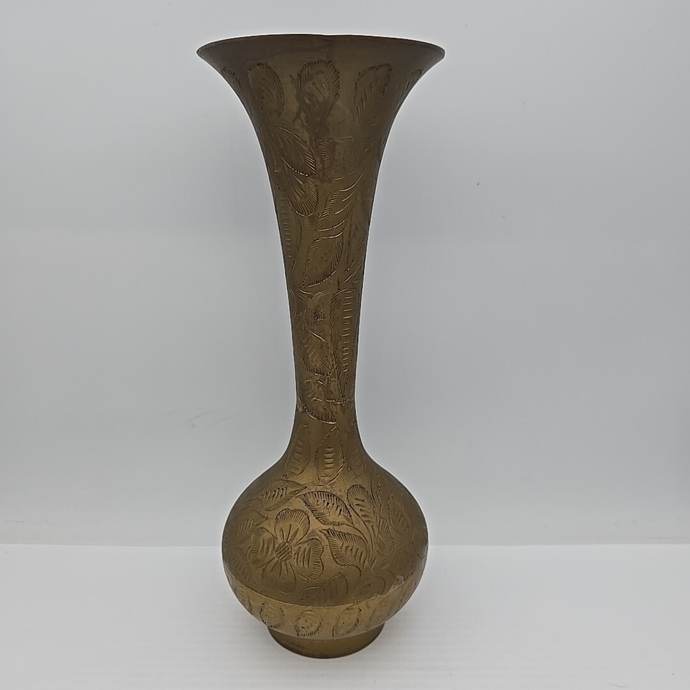 Vintage Brass Etched Engraved Floral Vase Made in India 9.75"
